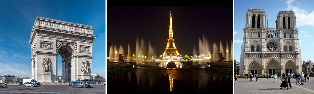 Eiffel Tower, Arc de Triomphe, classic Notre Dame Cathedral