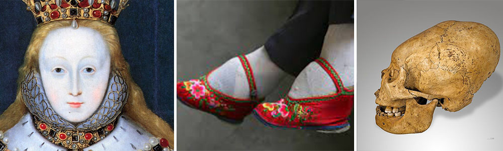 pale white skin, Foot binding, Oddly shaped heads
